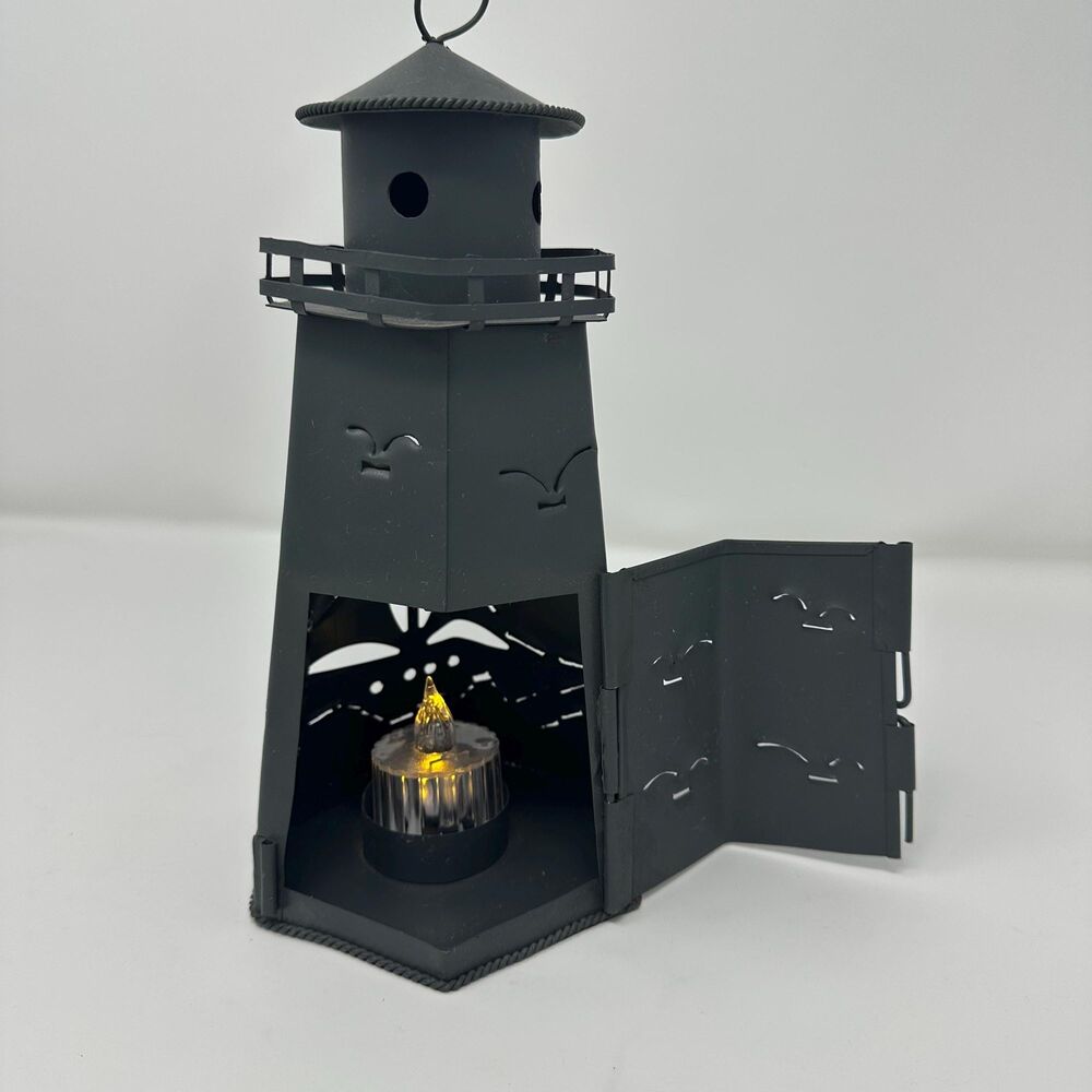 Nautical Black Metal Lighthouse Tealight Holder, 9.5" Tall Coastal Decor Lantern